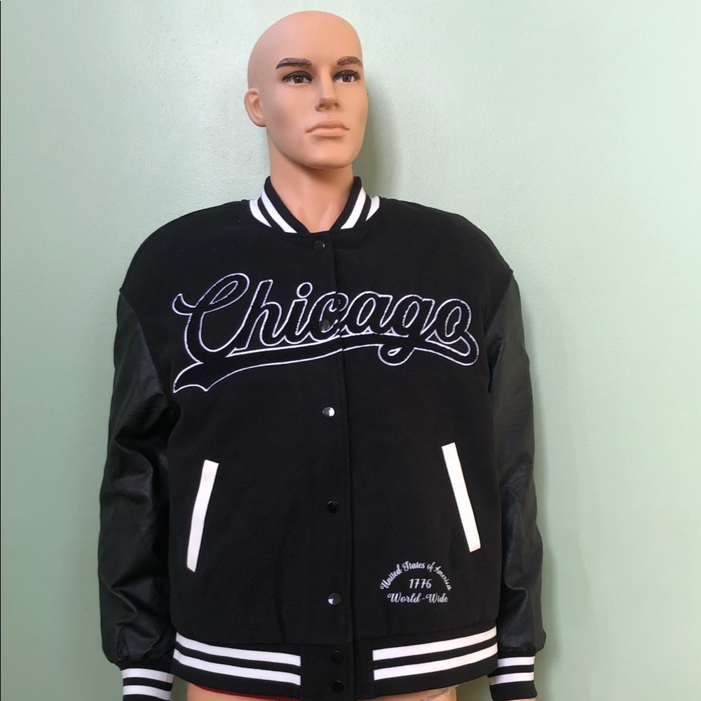 American Bazi Black & White Chicago Varsity Bomber Jacket